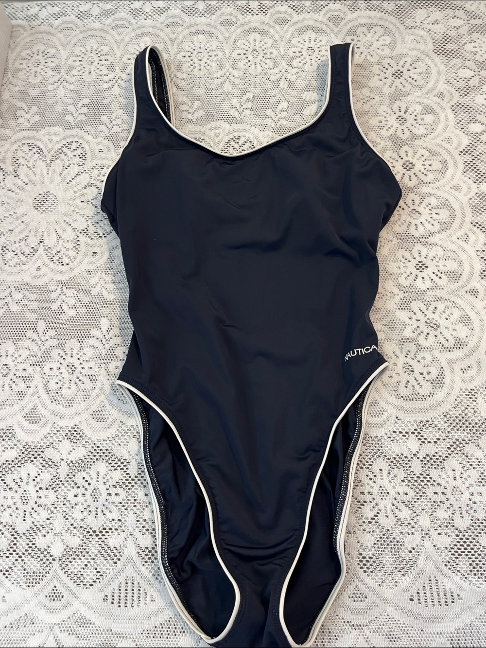 Nautica Women's Navy One-Piece Swimsuit with White Piping 12